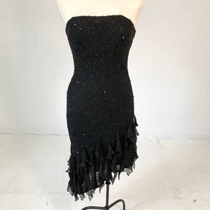 WHBM 6 Silk Beaded Ruffle Cocktail Dress Black LBD